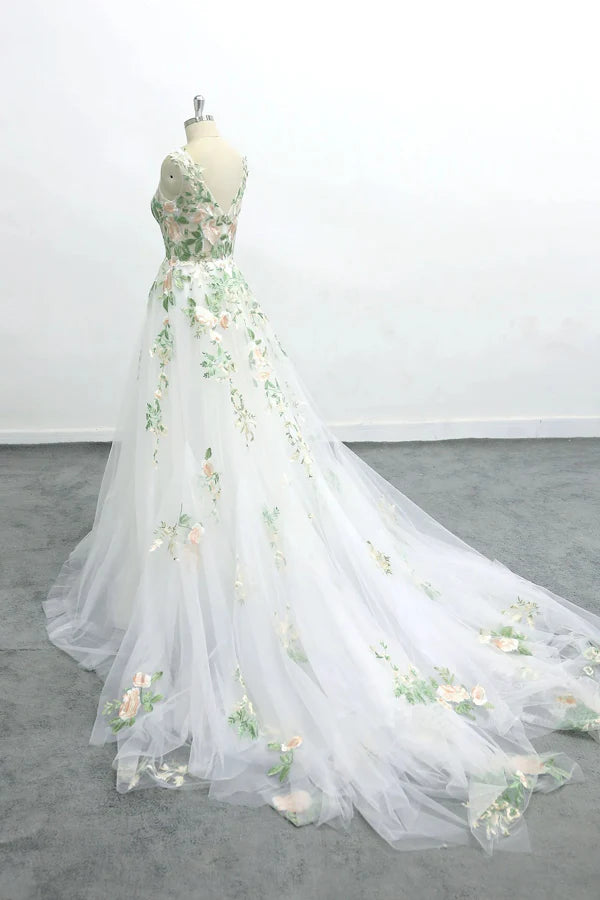 Romantic Forest Fairy Wedding Dress Green Lace Long Wedding Dress